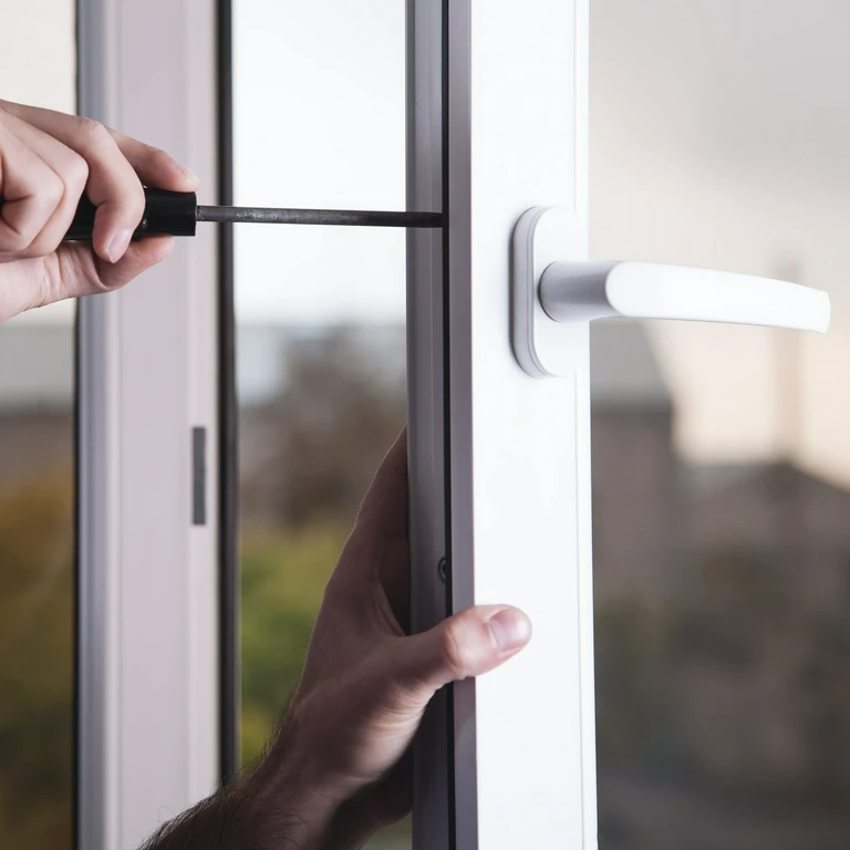 Zbliżenie na&nbsp;dłoń używającą śrubokręta do&nbsp;regulacji mechanizmu wewnątrz ramy otwartego okna