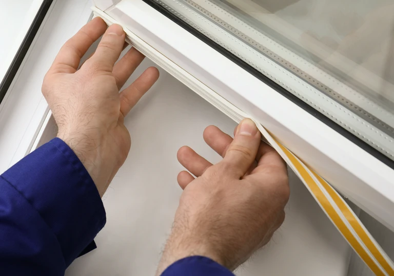 Zbliżenie na&nbsp;dłonie precyzyjnie naklejające białą, samoprzylepną uszczelkę na&nbsp;ramę okienną